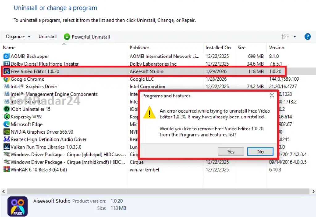 SoftRadar24 - Windows Uninstaller Error Message ScreenShot