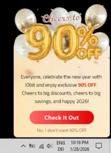 IObit aggressive marketing popup offering 90% discount immediately after installation.