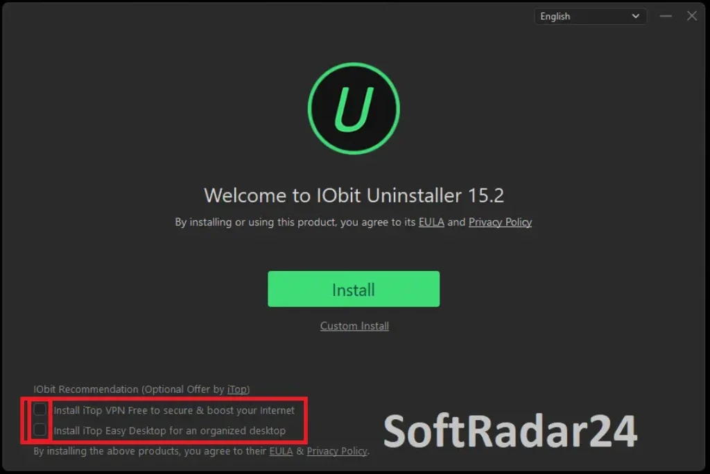 IObit Uninstaller installation screen showing optional bundleware checkboxes for iTop VPN.