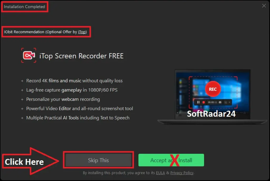 IObit Uninstaller installation finish screen showing