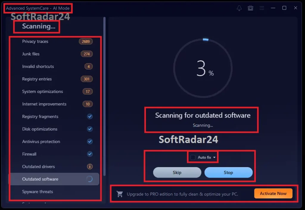 Screenshot of the Advanced SystemCare 19 Pro interface during an AI Mode PC scan, analyzing system status, privacy traces, junk files, and registry issues on Windows.