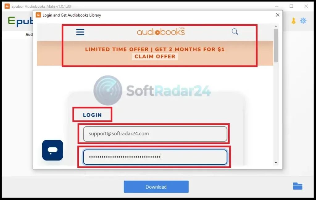 Epubor Audiobooks Mate login interface requesting Audiobooks.com email and password to sync library, illustrating the standard login method for 2026.
