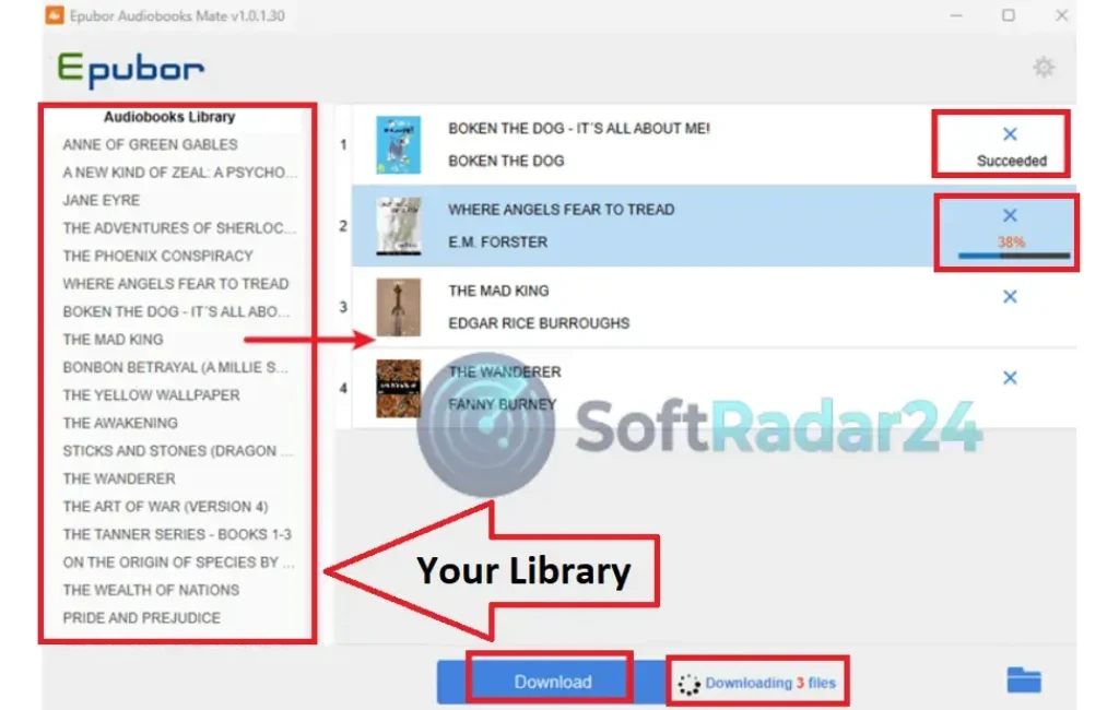Epubor Audiobooks Mate interface displaying the 'My Books' library automatically synced from Audiobooks.com in the left panel, ready for batch conversion.