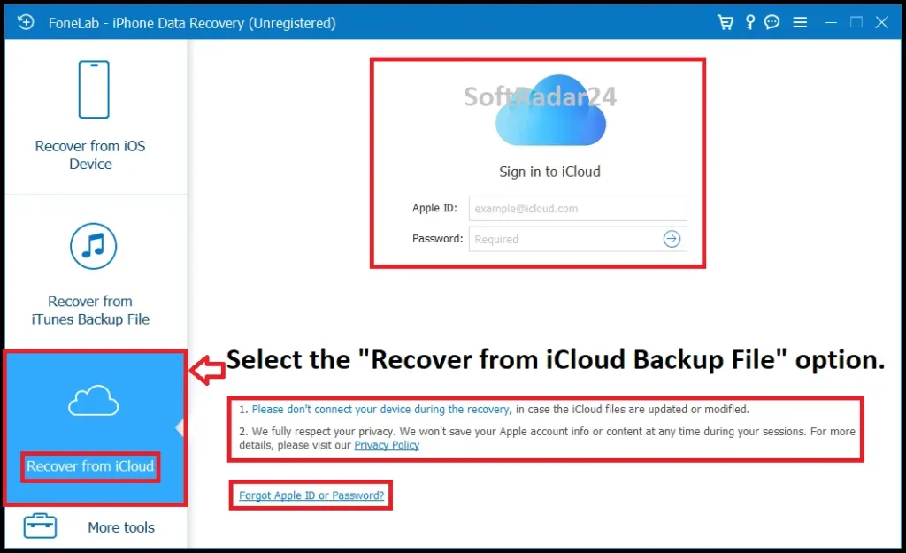 Screenshot of FoneLab software interface showing the "Recover from iCloud" login screen. Displays fields for Apple ID and Password along with privacy policy notes.