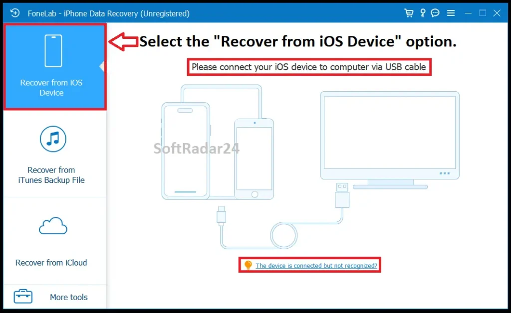 Screenshot of FoneLab iPhone Data Recovery interface showing the "Recover from iOS Device" mode selected and the USB connection prompt for iPhone.