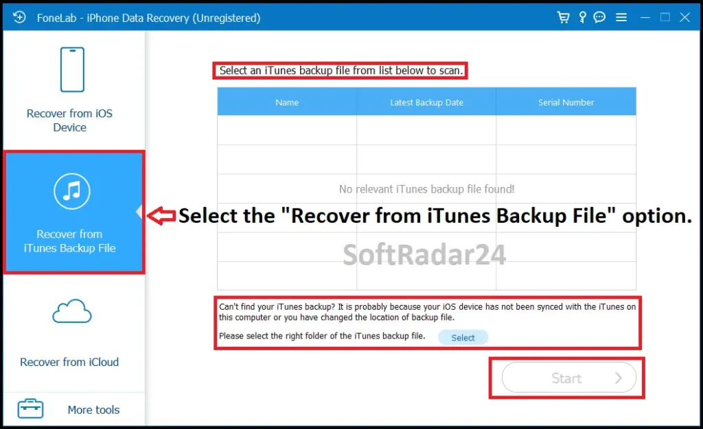 Screenshot of FoneLab software interface selecting "Recover from iTunes Backup File" mode. Shows the backup list table and Start scan button.