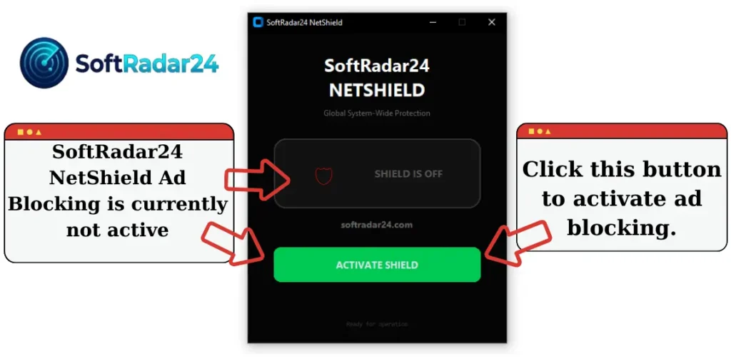 Softradar24 NetShield application window showing ad blocking protection turned off. Minimalist interface with a single activation button..