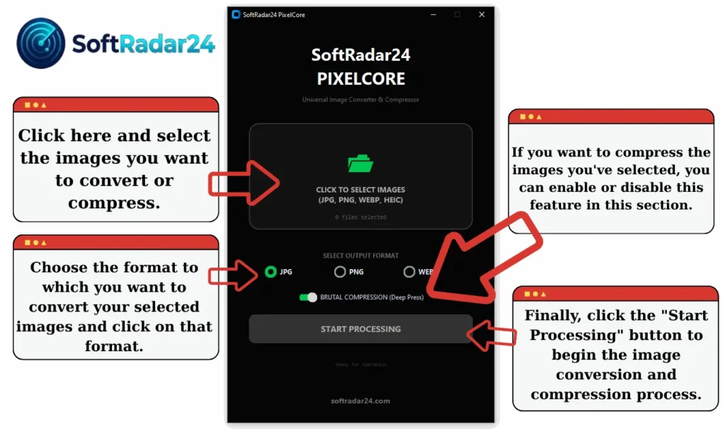 Screenshot of SoftRadar24 PixelCore interface demonstrating how to convert image to any format for free and compress WebP, PNG, and JPEG images intelligently.