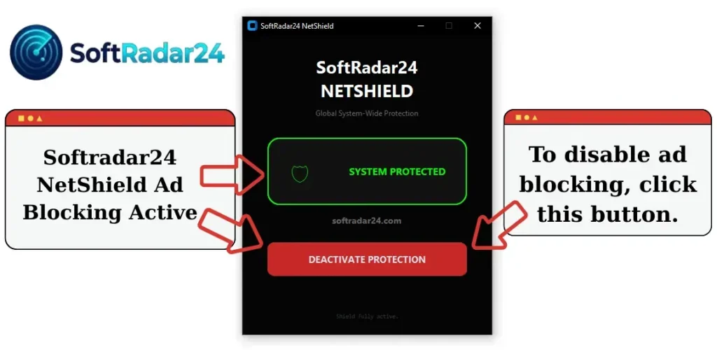 Screenshot of Softradar24 NetShield portable ad blocker for Windows showing active protection status and simple user interface with no installation required.
