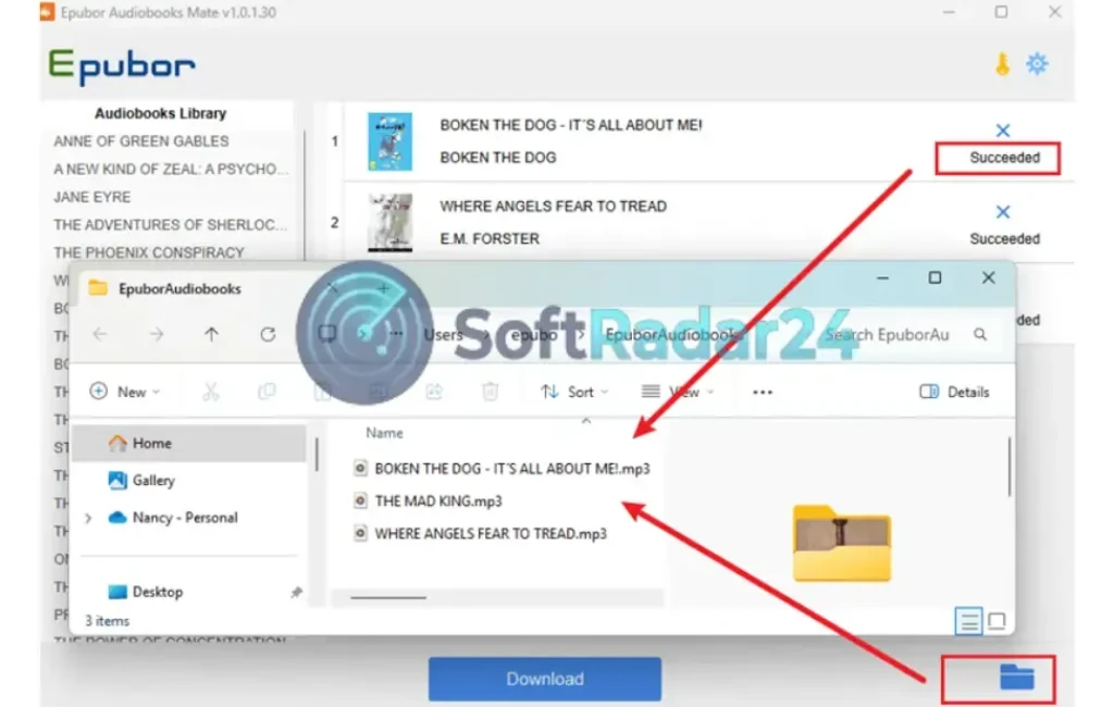 Windows File Explorer window displaying a list of DRM-free MP3 audiobooks successfully downloaded and converted by Epubor Audiobooks Mate, ready for transfer.