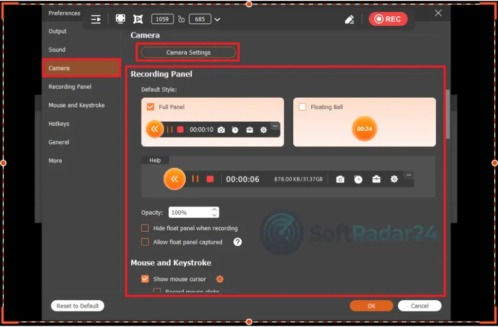 Aiseesoft Screen Recorder camera settings panel showing full panel recording style and floating ball options for webcam overlays.