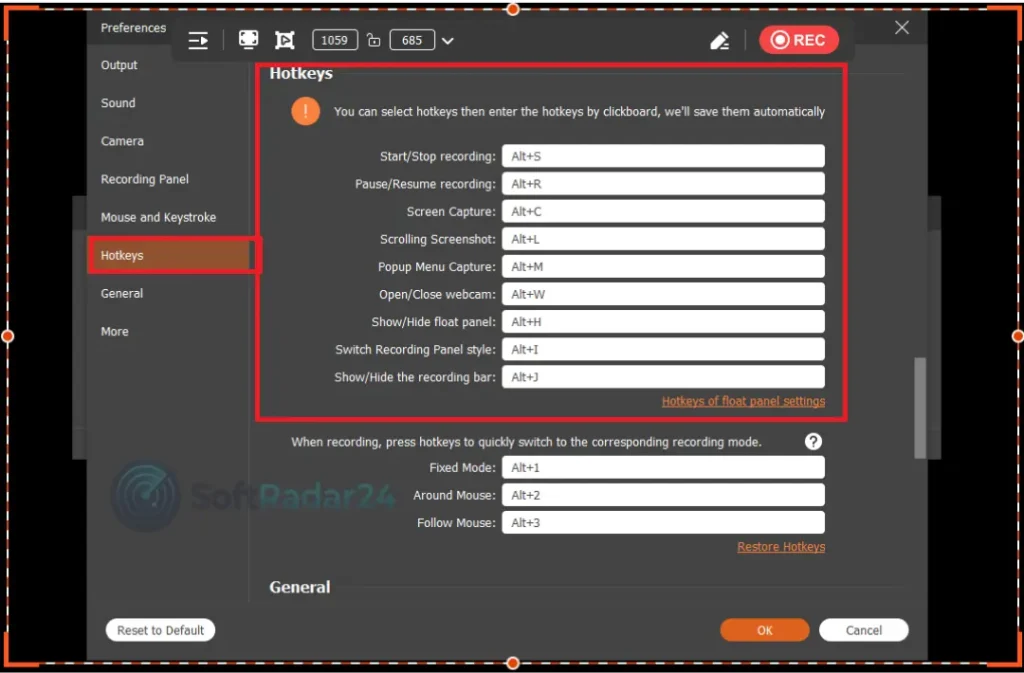 Hotkeys settings menu in Aiseesoft Screen Recorder displaying shortcuts for starting, stopping, and pausing screen capture.