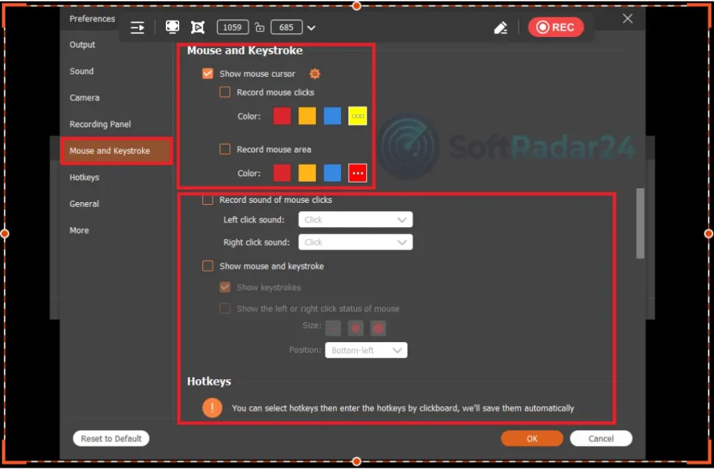 Mouse and keystroke settings panel showing options to highlight cursor, record mouse clicks, and display keystrokes in different colors.