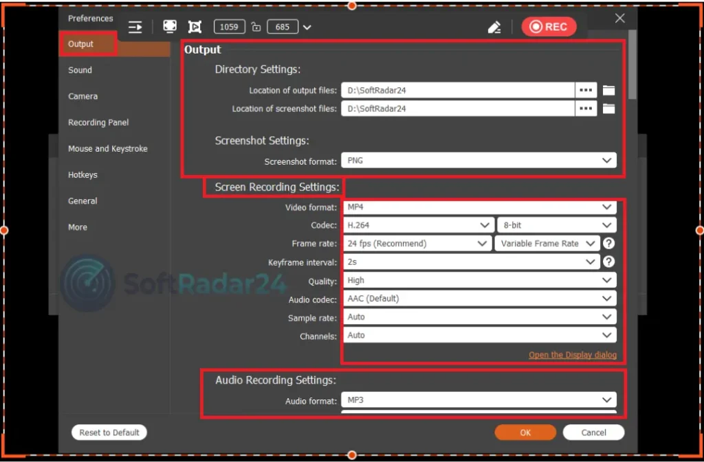 Output settings window in Aiseesoft Screen Recorder showing MP4 format, H.264 codec, frame rate, and video quality adjustments.
