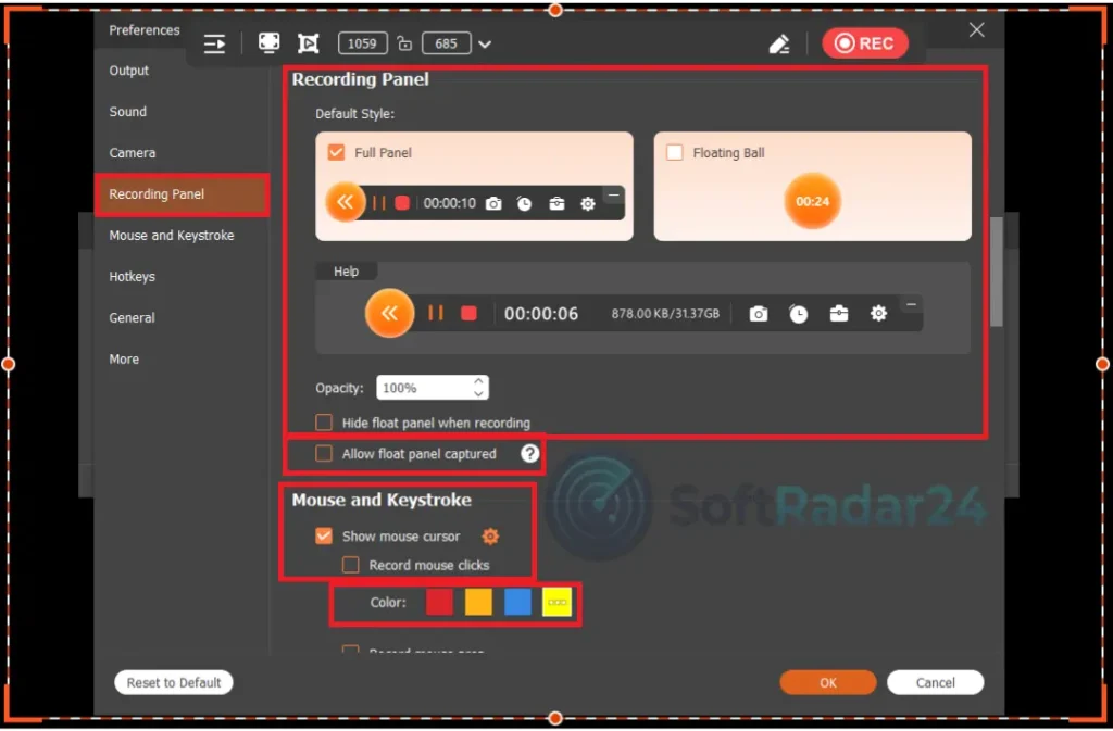 Recording panel preferences showing options for default style, floating ball mode, and opacity transparency settings.