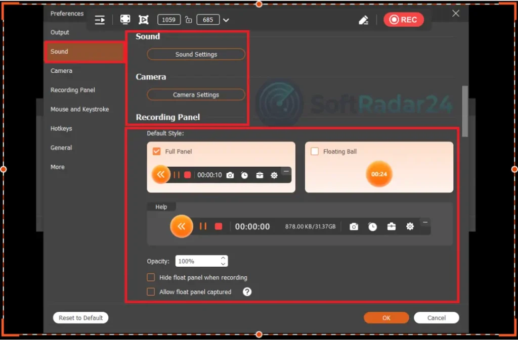 Sound settings tab displaying configuration options for system sound, microphone input, and audio check features.