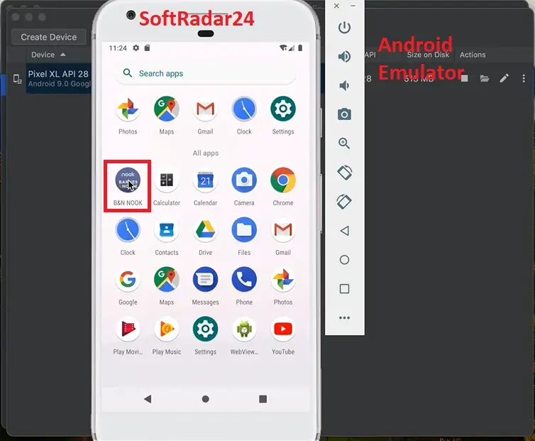 Android Emulator desktop interface showing Google Play Store icon for Nook app installation