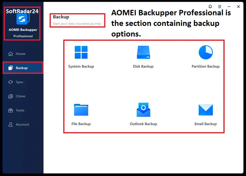 AOMEI Backupper Professional main user interface showing System Backup, Disk Backup, and File Backup options in a modern dark theme dashboard