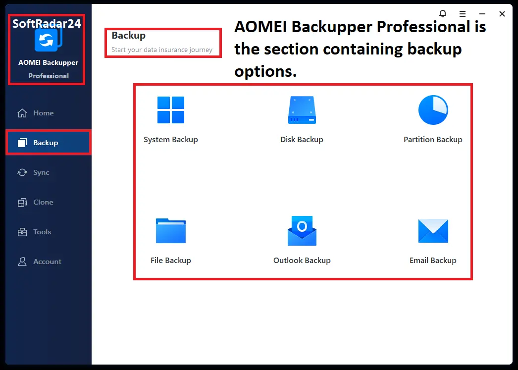 AOMEI Backupper Professional main interface with backup options