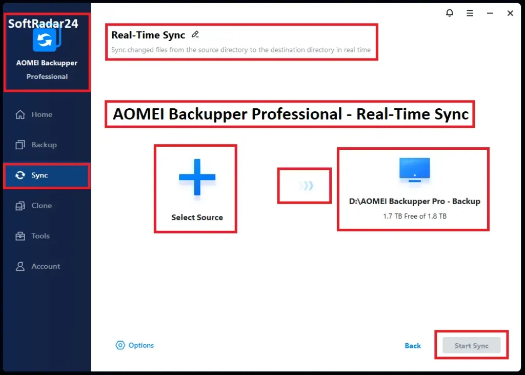 AOMEI Backupper Professional Real-Time Sync menu option selected for continuous file synchronization and zero data loss