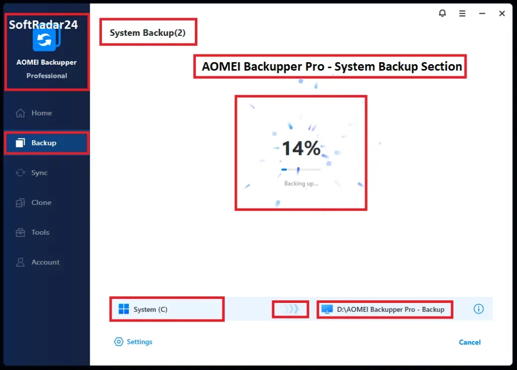 AOMEI Backupper System Backup screen showing automatic selection of Windows C drive and hidden EFI boot partitions for a complete OS image