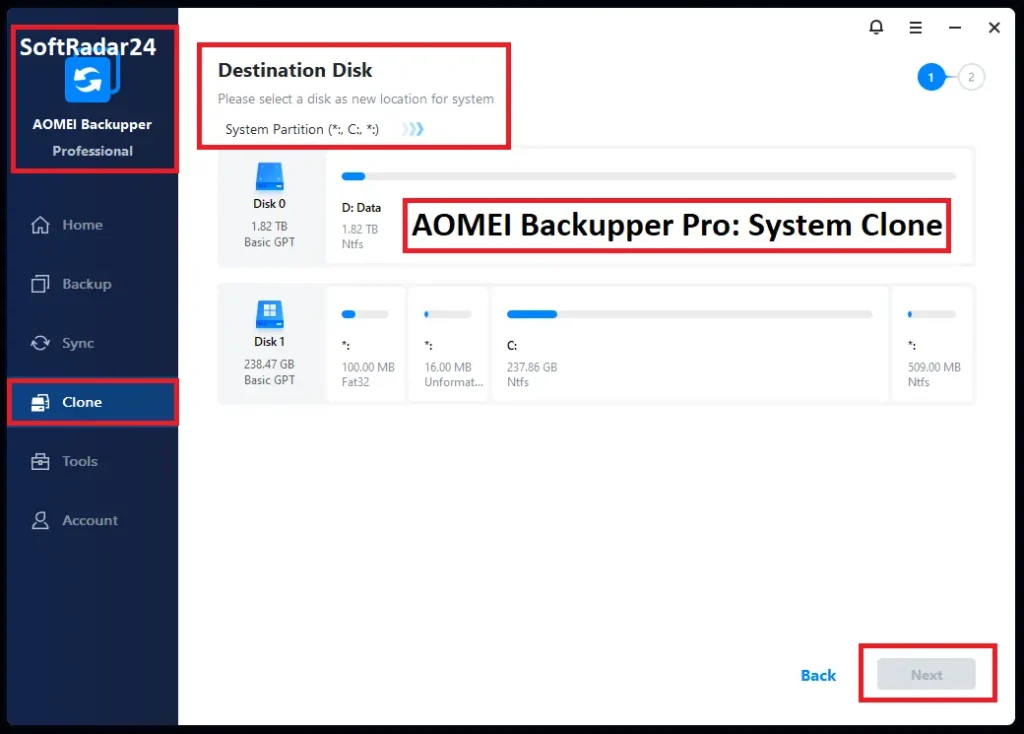 AOMEI Backupper System Clone window showing target disk selection with SSD Alignment checkbox enabled for 4K sector optimization