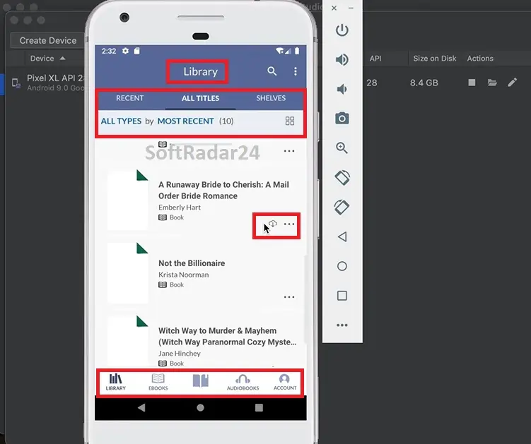 Nook App Library view showing books with cloud icons. A red circle highlights the download button to save Nook books offline in the emulator