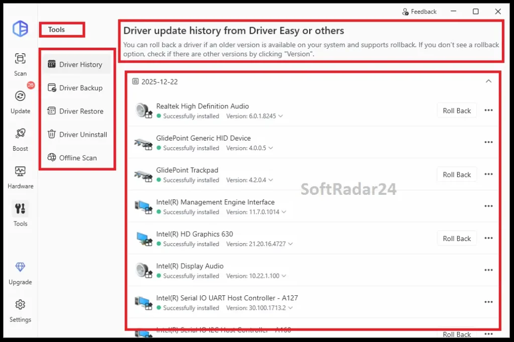 Screenshot of the Driver Easy Tools menu displaying advanced options for driver backup, system restore, uninstallation, and offline scans.