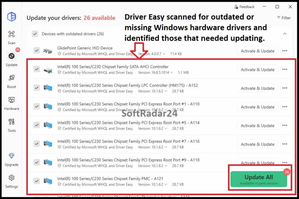 Screenshot of Driver Easy displaying the Windows driver scan results, highlighting a detailed list of outdated and missing hardware drivers ready for update.