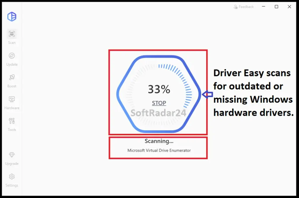 Screenshot of the Driver Easy Windows driver scan in progress, identifying outdated and missing hardware components.