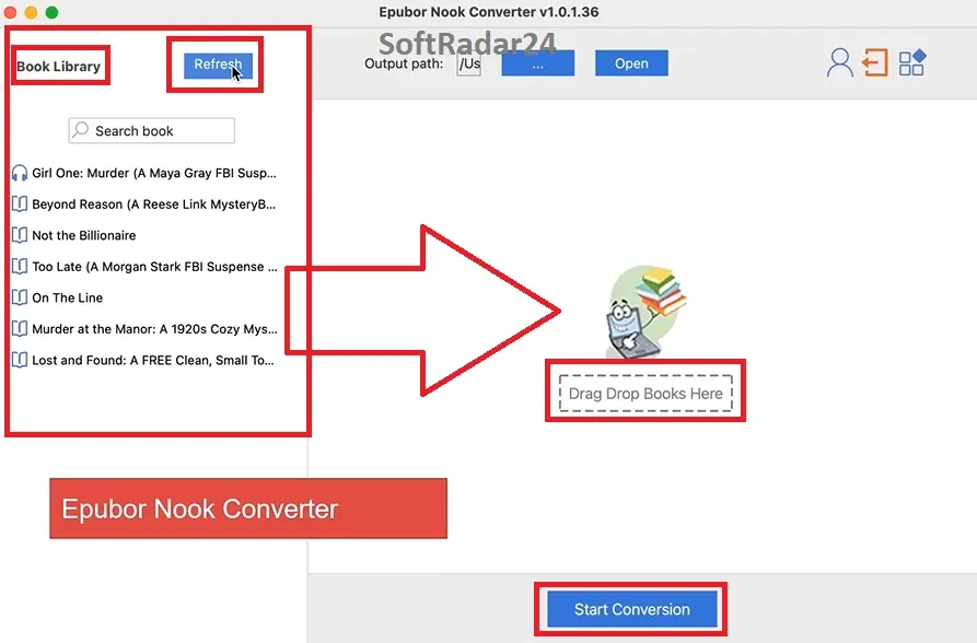 Epubor Nook Converter software interface displaying detected books from Android Emulator ready for DRM removal and conversion