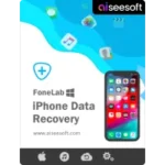 Aiseesoft FoneLab iPhone Data Recovery software product box, featuring iOS data retrieval tools for Windows and macOS Sequoia.