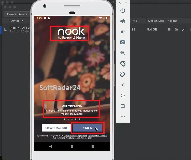 Google Play Store search result for Barnes & Noble Nook app showing the green Install button inside Android Emulator