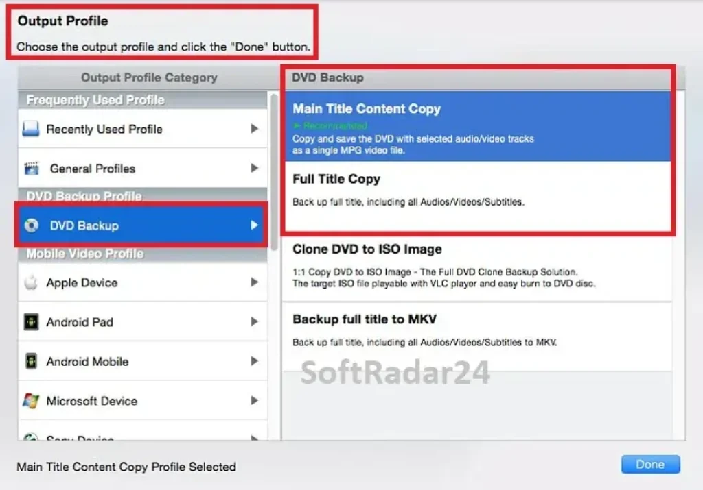 MacX DVD Ripper Pro backup modes showing ISO Image and Main Title Copy options.