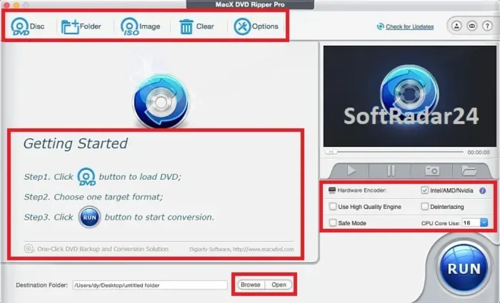 MacX DVD Ripper Pro main interface showing hardware acceleration checkbox enabled on macOS Sequoia.