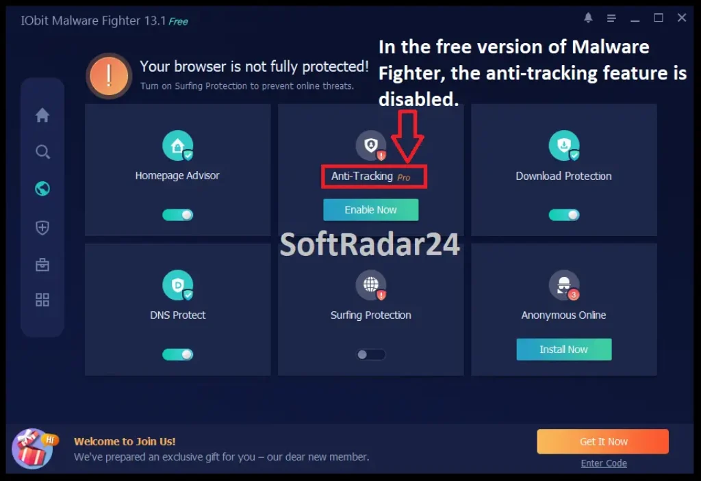 The Privacy Safeguards and Browser Fortification interface in IObit Malware Fighter Free, showing web security options and locked premium features.