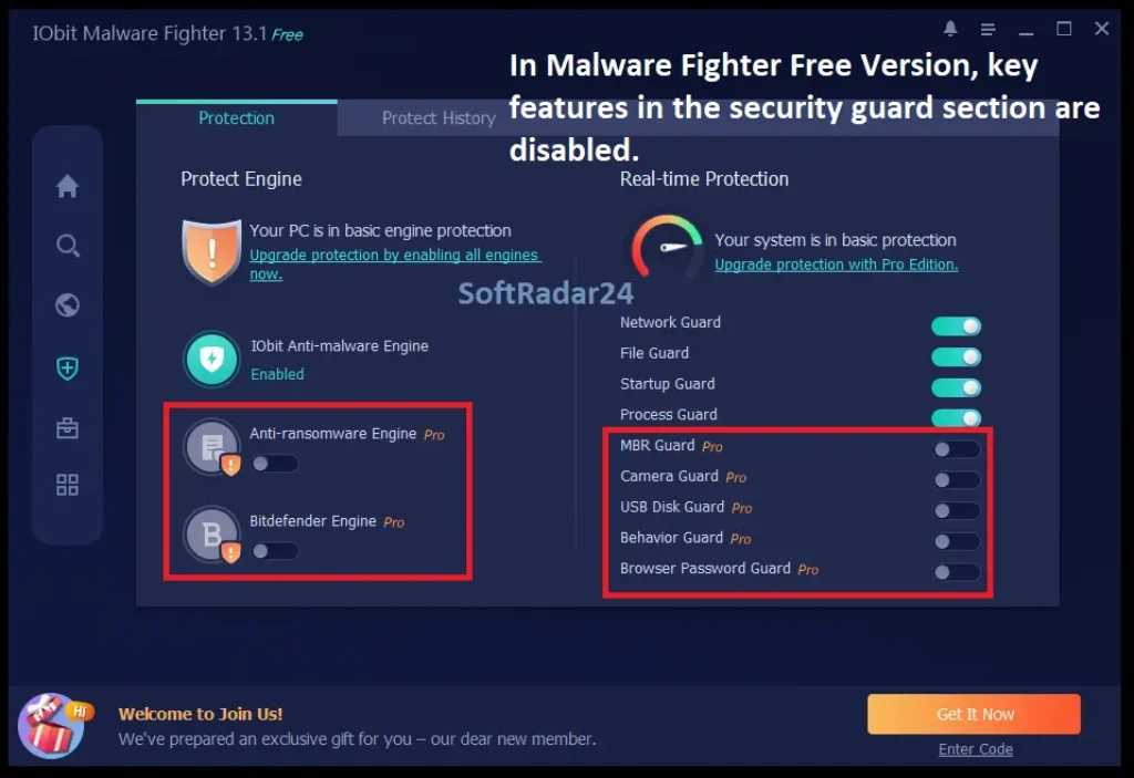 The Security Guard settings panel in IObit Malware Fighter Free version, displaying active basic protections and locked premium modules.