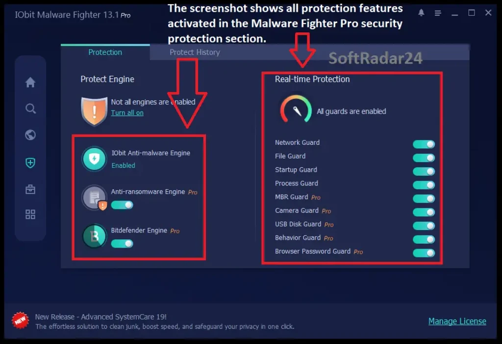 The Security Guard section in IObit Malware Fighter PRO version, displaying all real-time protection features and advanced shields fully active.