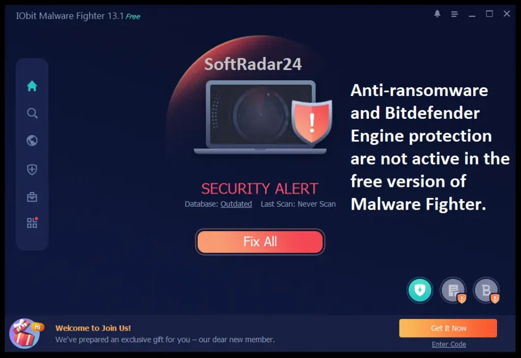 The main dashboard and user interface of IObit Malware Fighter Free version, showing system scan options and current protection status.