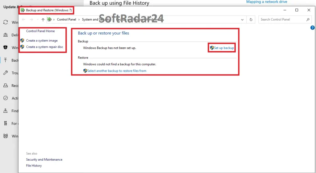 Windows Backup and Restore (Windows 7) legacy interface in Control Panel showing outdated system image options