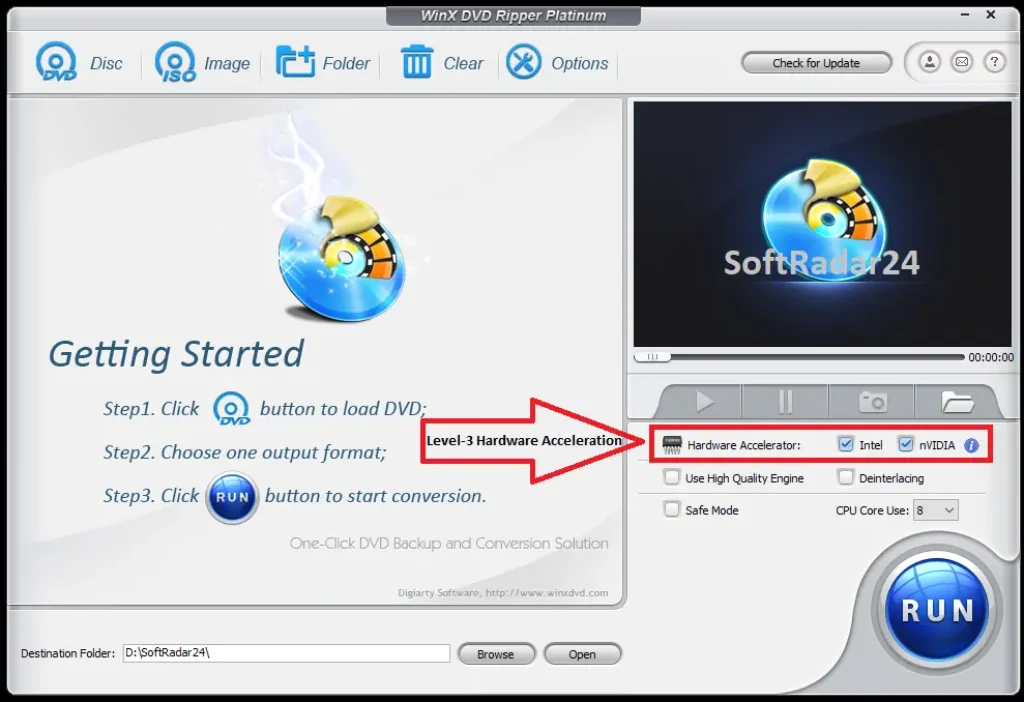 Screenshot of WinX DVD Ripper settings window showing Level-3 Nvidia CUDA and Intel QSV hardware acceleration checkboxes enabled.