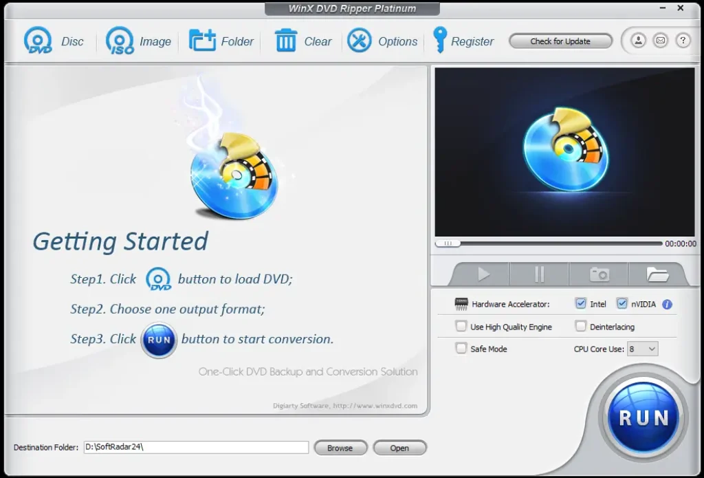 WinX DVD Ripper Platinum main user interface showing the Disc, ISO, and Folder loading buttons.