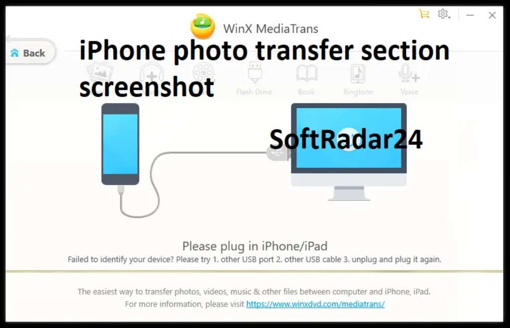 WinX MediaTrans photo transfer interface displaying iPhone image folders and export options on a Windows PC