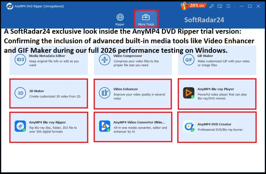 An original screenshot showing the 'More Tools' dashboard within AnyMP4 DVD Ripper, displaying the Media Metadata Editor, Video Compressor, GIF Maker, and Video Enhancer tiles.