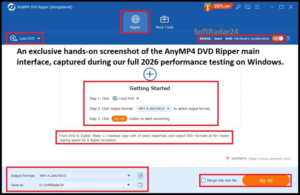 An explicit, original screenshot showing the AnyMP4 DVD Ripper software dashboard on Windows, with the Load DVD button and GPU acceleration status highlighted.