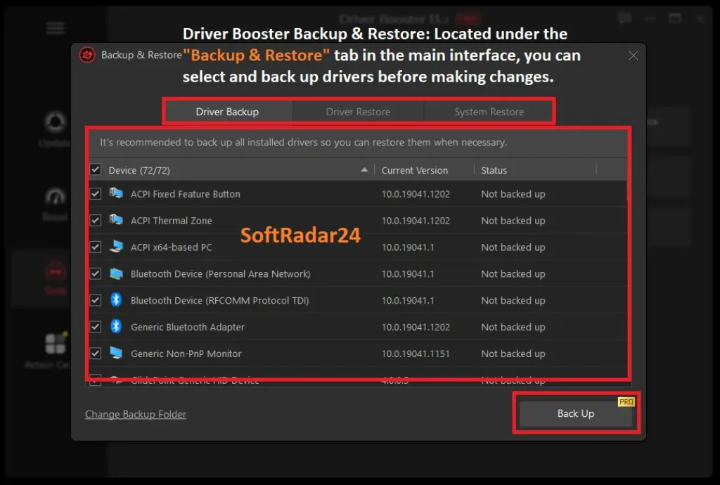 Driver backup section in IObit Driver Booster showing options to safely save existing system drivers before updating