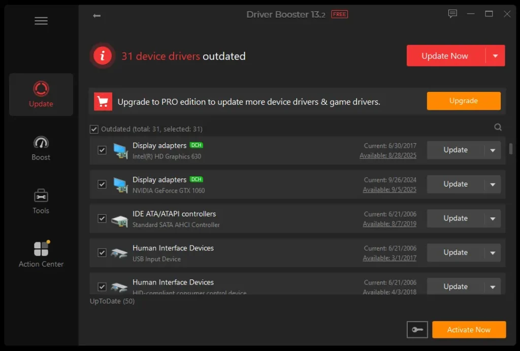 First driver scan results in IObit Driver Booster Free displaying a list of outdated and missing device drivers
