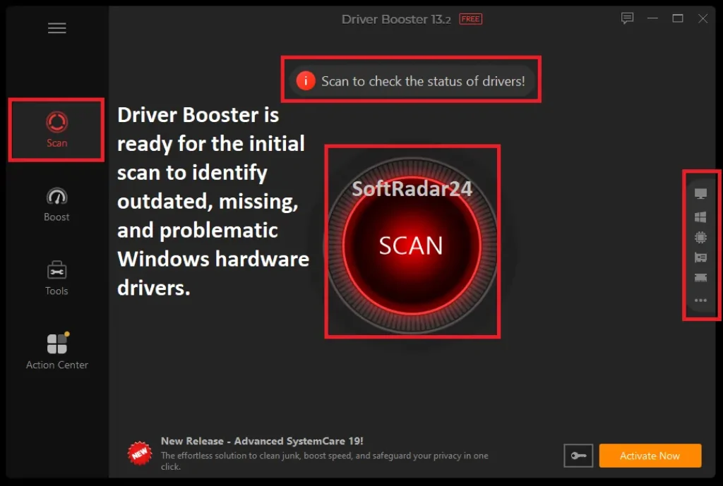 Main dashboard of IObit Driver Booster Free edition featuring the central scan button and driver status