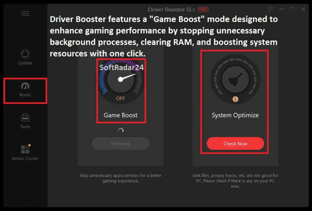 Game Boost feature activated in IObit Driver Booster to optimize system performance for gaming