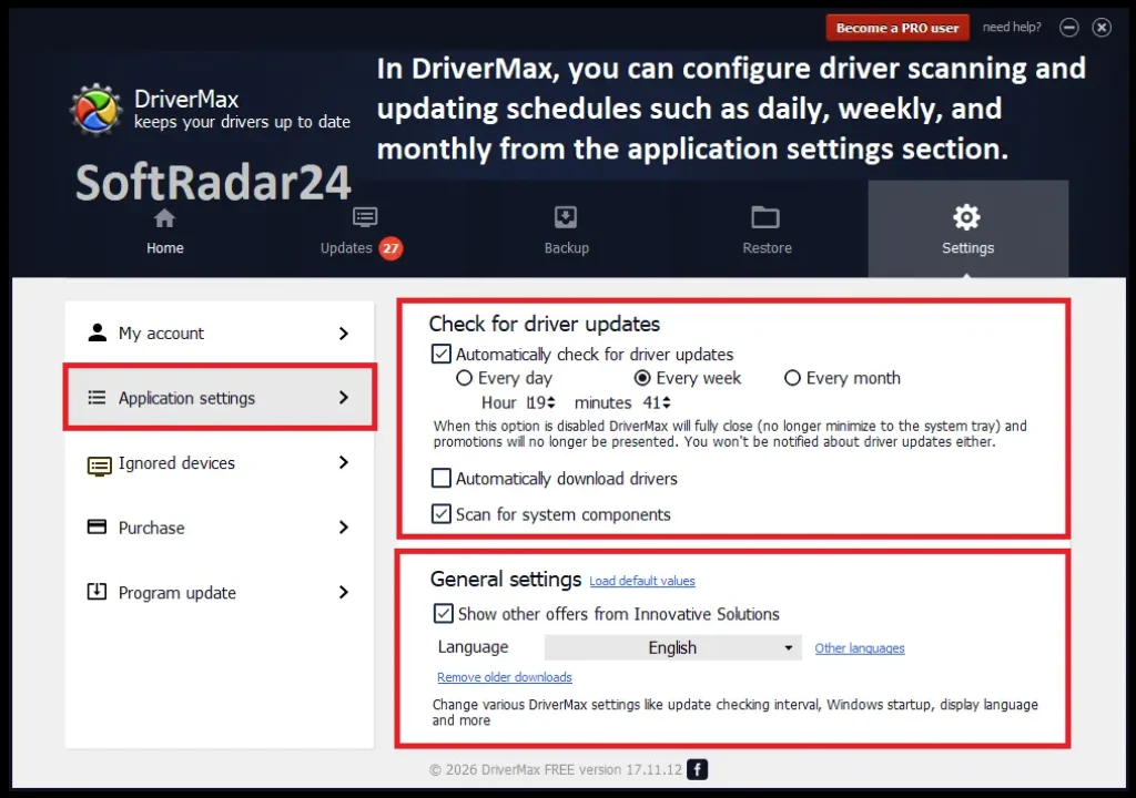 DriverMax software settings menu displaying configuration options for automated driver updates, backups, and scheduled system scans on a Windows PC.